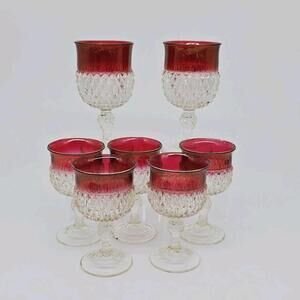 Indian Glass Diamond Point Ruby 7-Water/Wine Goblet  1960's Made In USA